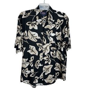Kenneth Gordon Men's Shirt size L Hawaiian Print Short Sleeve Black and Tan